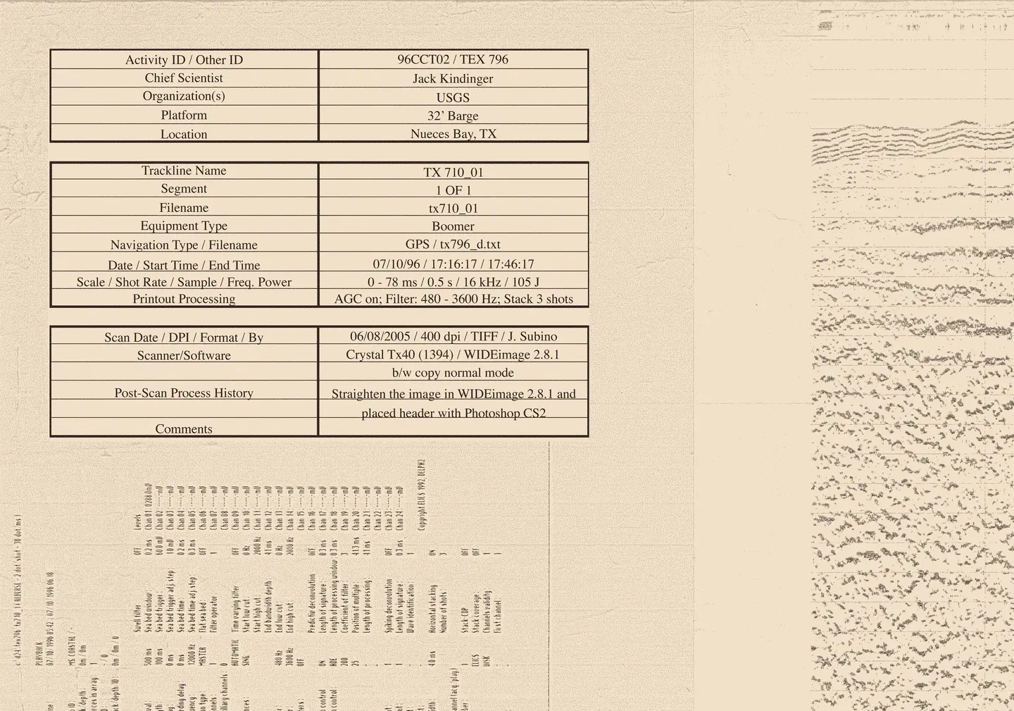 En-tête d’un enregistrement sismique numérisé : tableau des paramètres d’acquisition et de numérisation.
